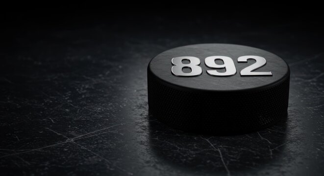  hockey puck with the symbol of 892 scored goals on a dark background
