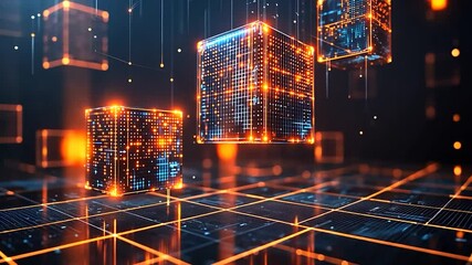 Glowing data cubes float over a digital grid - Powered by Adobe