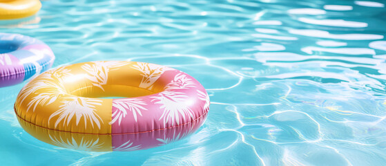 Colorful inflatable pool float with tropical patterns floating on clear blue water, evoking fun and relaxing summer vibe