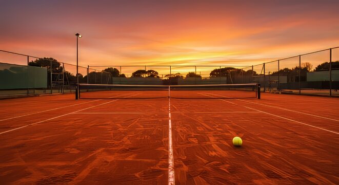 Pista de tenis al atardecer, bola de tenis, deporte