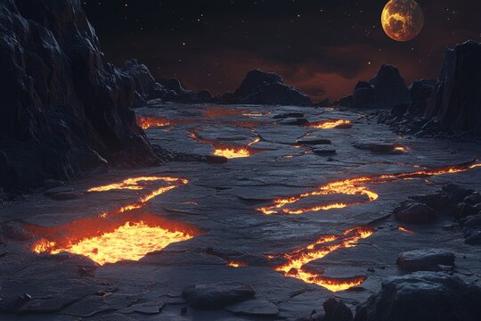 Alien volcanic landscape at night with lava flows
