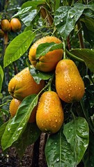 Ripe solanum sessiliflorum growing on bush with water droplets.