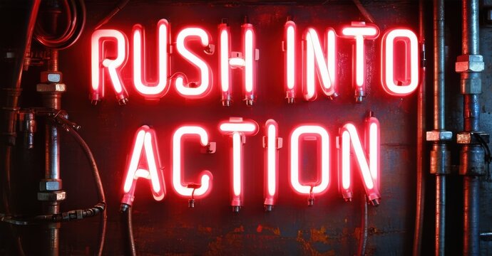 Naklejki Massive neon word rush into action in red and white tones thick glowing font on wall of steel with bolts cables and reflection haze