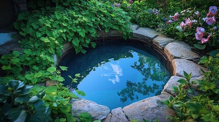 Serene Rainwater Pool in the Garden, with Greenery and Flower Reflections