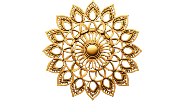 Golden floral mandala pattern with a circular design, cut out transparent