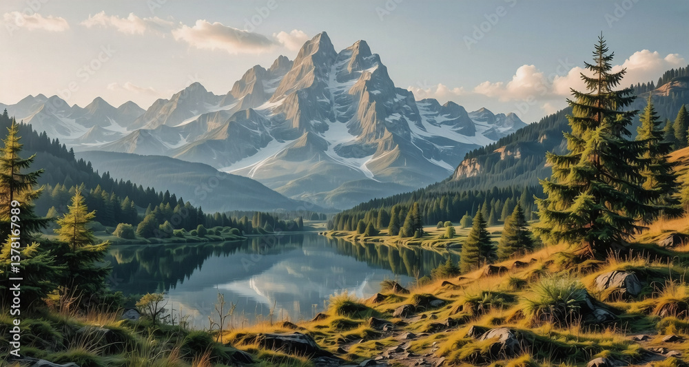 Aufkleber a serene mountain landscape features a calm lake mirroring snow-capped peaks. evergreen trees and gr