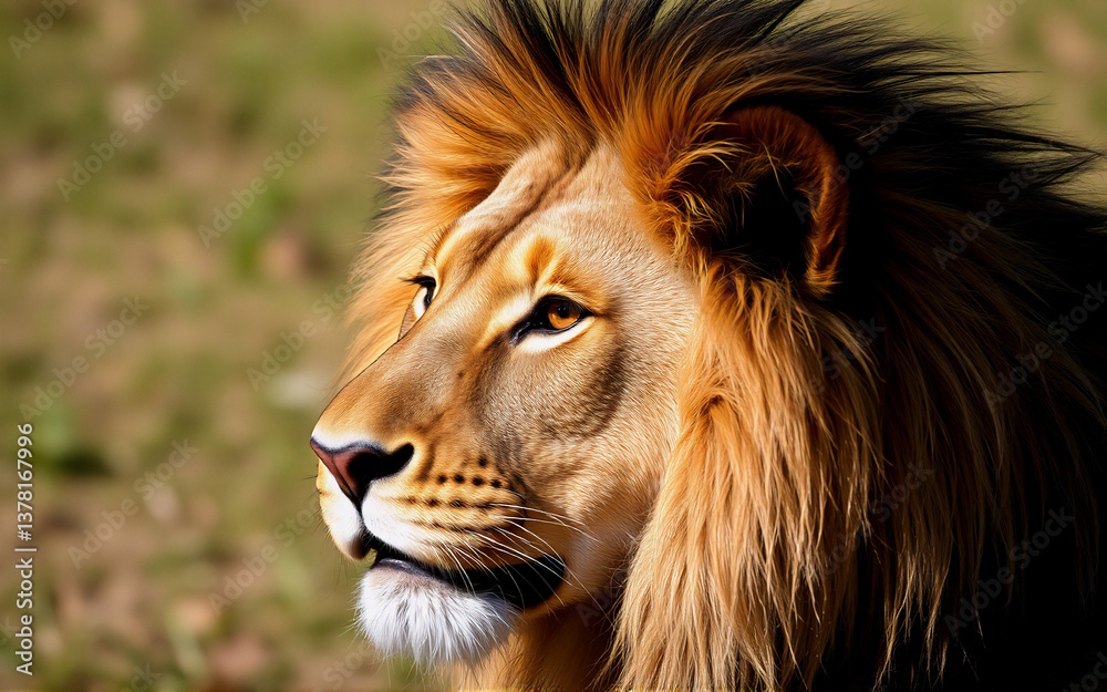 Aufkleber majestic lion with a golden mane looks intently to the side. its powerful features are highlighted i