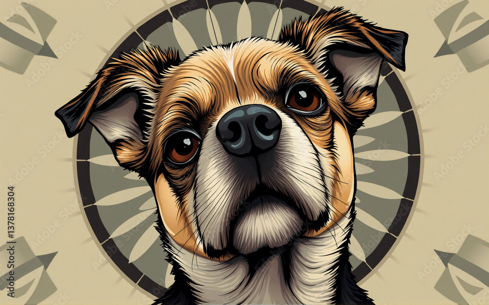Poster a charming dog with a tilted head and big brown eyes is depicted in a digital art style. the backgro
