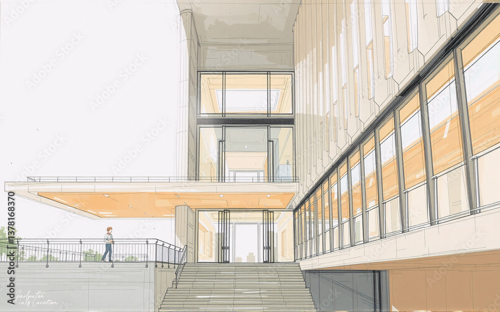 Poster architectural rendering showcases a modern building with large windows and a person on a platform. c