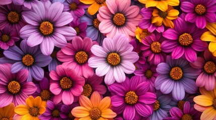 Obraz premium A vibrant background featuring a garden of colorful flowers, with vibrant pink, purple, and yellow petals.