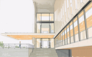 Architectural rendering showcases a modern building with large windows and a person on a platform. Clean lines and contemporary design are prominent features.