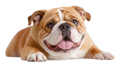 Happy bulldog lounging, cheerful tan and white dog resting comfortably on a soft surface, inviting warmth and playfulness. Isolated on white background or PNG