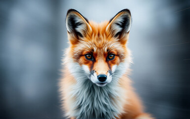 Obraz premium A striking close-up of a red fox, showcasing its vibrant orange and white fur, focused gaze, and pointed ears against a soft, blurred backdrop.