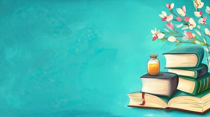 Spring books, oil, magnolias, teal background, education