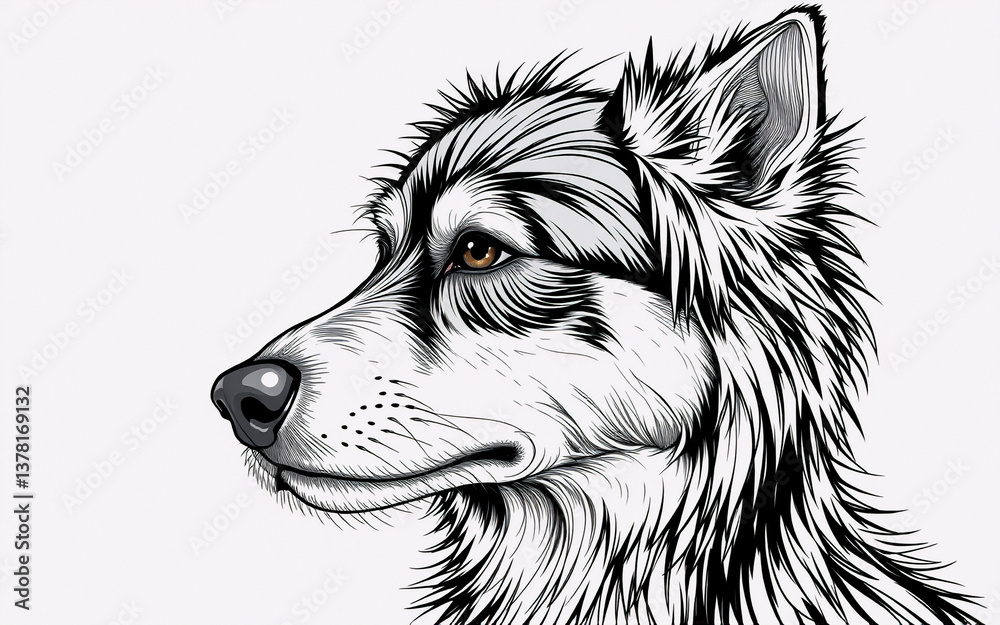 Poster a monochrome digital drawing showcases a detailed profile of a furry canine's head with visible fur 