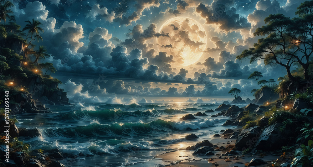 Poster a serene night scene with a full moon casting light on ocean waves crashing onto a rocky shore. tree
