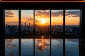 large floor to ceiling window offers stunning view of city skyline at sunset, with vibrant colors reflecting on polished floor. scene evokes sense of tranquility and awe