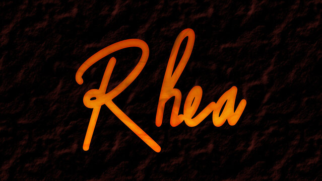 3D fire text effect of name Rhea on dark background.