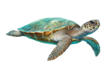 Graceful sea turtle swimming, vibrant green and blue hues, marine life theme, ideal for ocean conservation awareness. Isolated on white background or PNG