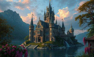 A fairytale castle perched on an island, surrounded by calm water and lush greenery, set against a backdrop of mountains under a vibrant sky at dusk.