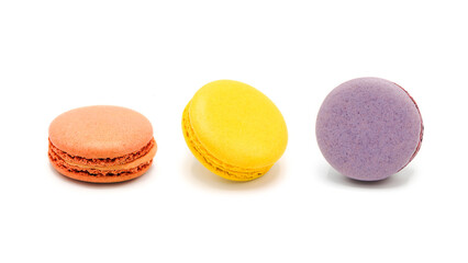 Sweet colorful varied assortment macarons cookies with filling isolated on a white background. Handmade traditional sweets. Clipping Path.	