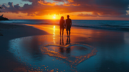 Fototapeta premium romantic sunset over tranquil beach, featuring couple holding hands, with heart drawn in sand, evokes sense of love and serenity
