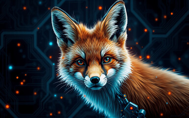 Fox portrait with orange fur against a digital circuit board background. The animal has an alert expression.