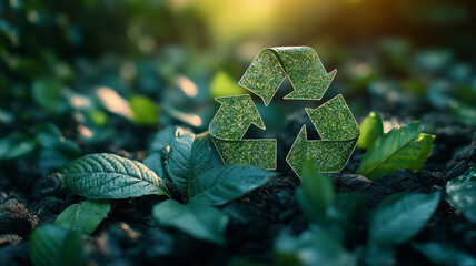 vibrant recycling symbol made of leaves and branches stands out against backdrop of lush green foliage, symbolizing environmental sustainability