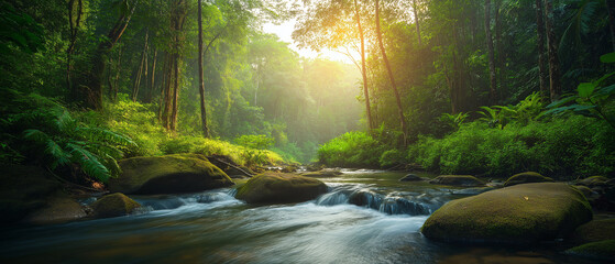 AI generator images of clear streams and waterfalls in the forest,Serene forest scene, small stream flowing over vibrant green moss-covered rocks. Surrounding trees, foliage add to lushness Forest