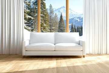 white sofa in front of large window showcasing winter landscape with snow covered mountains and evergreen trees. serene atmosphere invites relaxation and comfort