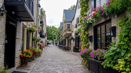 Obraz premium Picturesque cobblestone street lined with buildings and colorful floral arrangements