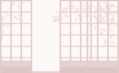 traditional japanese interior with sliding shoji door and blooming sakura tree branches in the garden - spring season vector copy space background