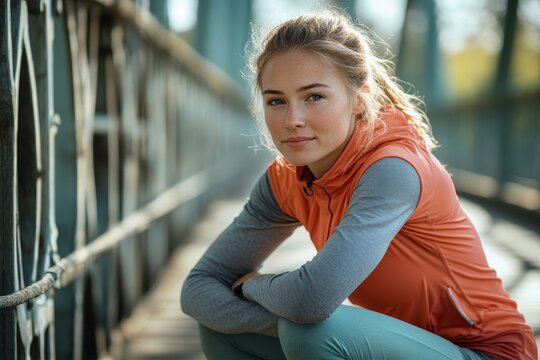 Young lady athlete leaning on knees and having break before a run on walkway bridge, looking away and smiling, Generative AI