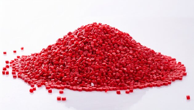red granules of polypropylene or polyamide against a white backdrop