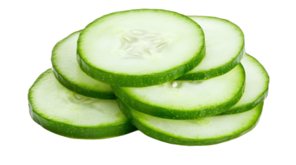 Fresh cucumber slices, vibrant green circles stacked on each other, great for salads or refreshing snacks, clean presentation. Isolated on white background or PNG