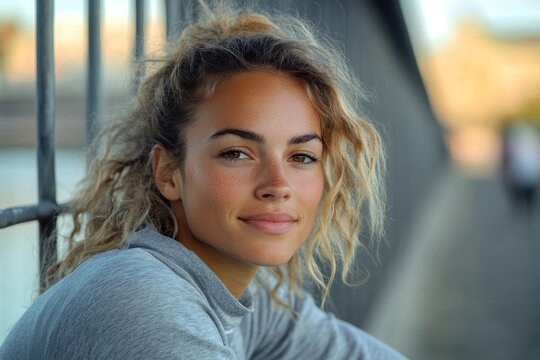 Young lady athlete leaning on knees and having break before a run on walkway bridge, looking away and smiling, Generative AI