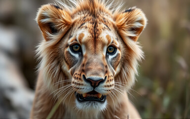 Fototapeta premium A young lion cub with golden fur stares intently. Its bright eyes and curious expression are captivating in this close-up portrait. Soft, natural background.