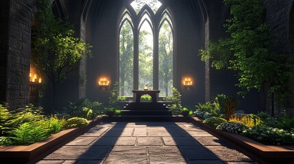 Sunlit Gothic Chapel Garden, Altar, Sunlight