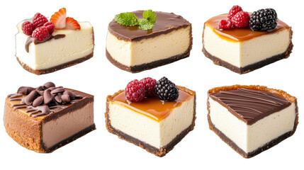 Assorted delicious desserts, creamy cheesecake squares with various toppings, ideal for a sweet treat display. Isolated on white background or PNG