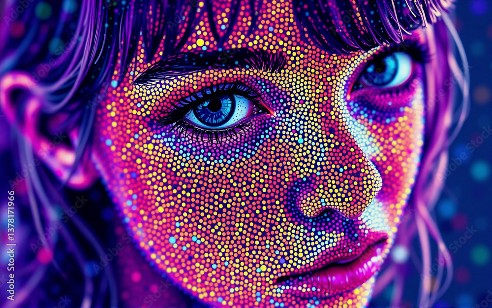 Poster Close-up portrait features a face covered in bright, colorful dots, creating a vibrant and artistic illuminated effect.