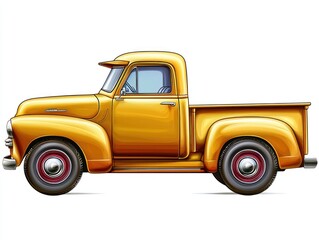 Vintage Yellow Pickup Truck Illustration on White Background for Retro Style Automotive Design Projects