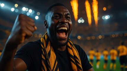Fototapeta premium Excited man cheering in a stadium capturing the passion and thrill of sports celebration.