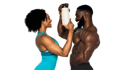Happy Black Couple Cheers Protein Drink In Workout Image On Transparent
