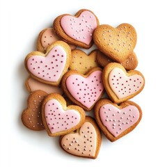 Heart-shaped cookies, a pile of assorted heart-shaped cookies with pink and light beige icing and sprinkles
