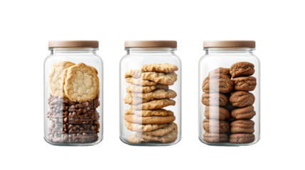 Assorted cookies in jars close up, cut out transparent