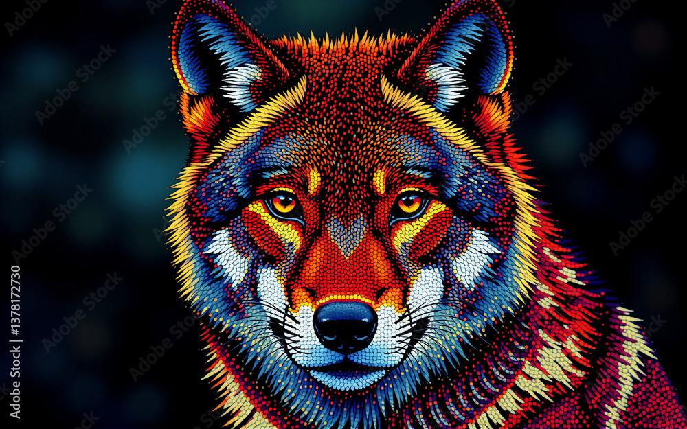 Aufkleber a vividly colored wolf with a striking gaze dominates the frame. its fur displays a beautiful array 