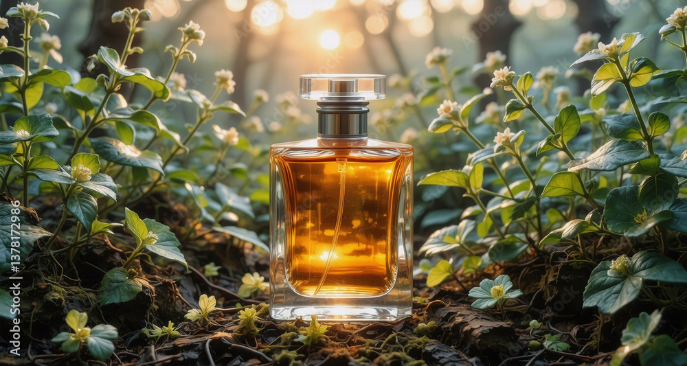 Poster perfume bottle in nature, illuminated by warm sunlight. green foliage surrounds the glass container,
