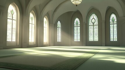 Obraz premium Sunlit Mosque Interior Prayer Hall, Peaceful Atmosphere