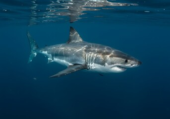 Fototapeta premium Majestic Underwater Great White Shark Swimming in Deep Blue Ocean. Explore Marine Life.