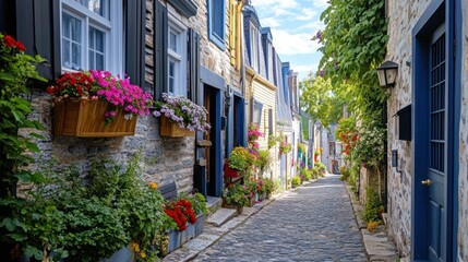 Fototapeta premium A charming stone street lined with vibrant flowers and houses